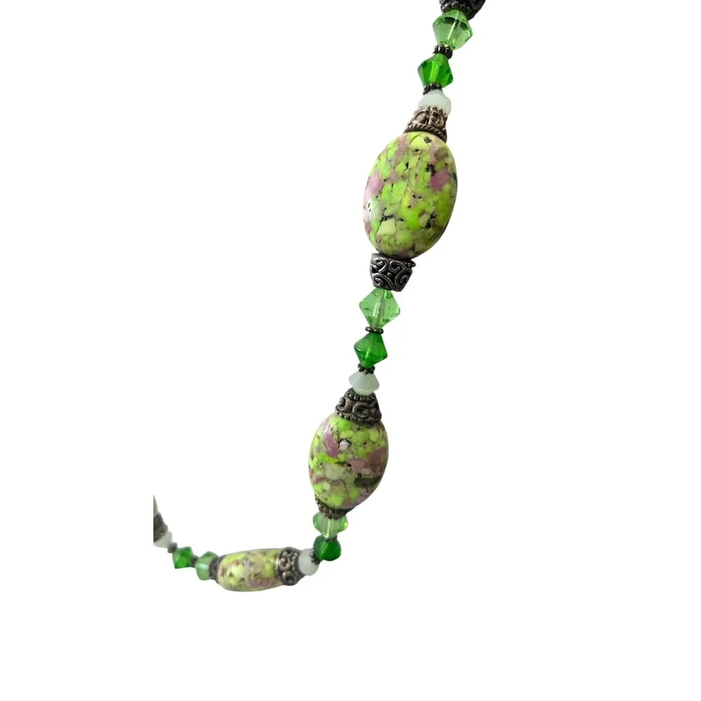 Vtg Natural Lime Turquoise Beads Beaded Necklace Crystals‎ Cap Accents Spacers